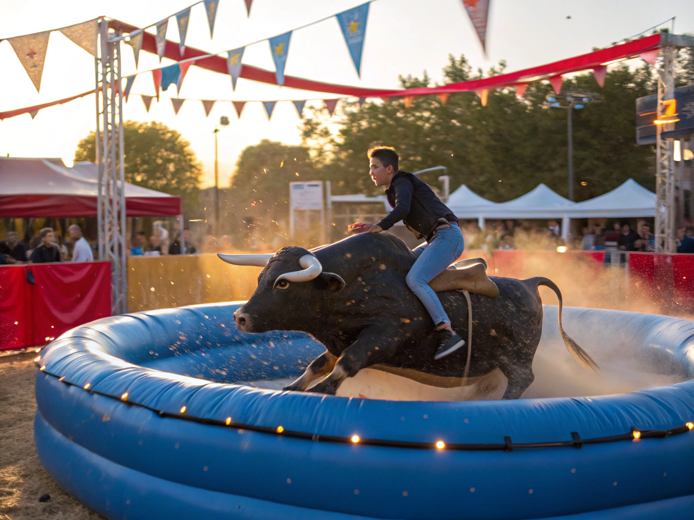 Commercial mechanical bull machine centered in its 16-foot inflatable safety arena
