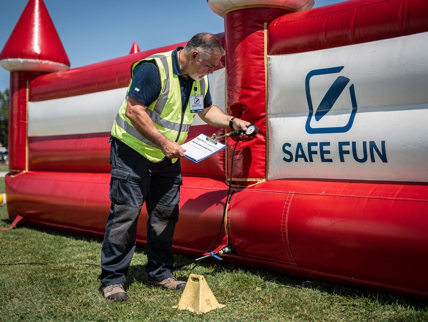 Safety technician inspecting mechanical bull arena padding and controls